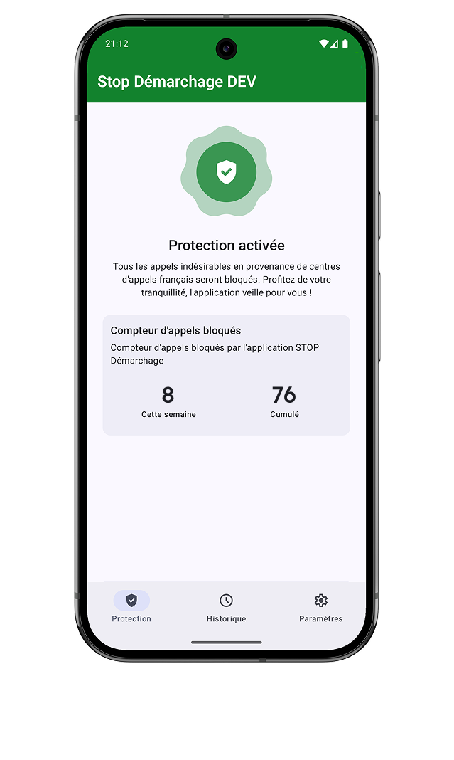 Capture d'écran de l'application STOP Démarchage